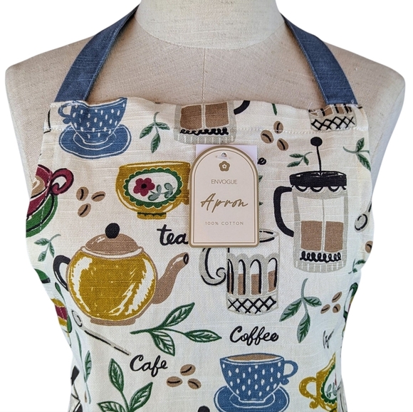 Apron Coffee & Tea Print 100% Cotton Multicolor Print One Size NWT - Picture 2 of 7